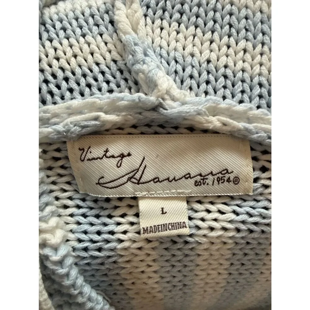 Vintage Havana Blue & White Striped Hooded Knit Sweater with Pink Script